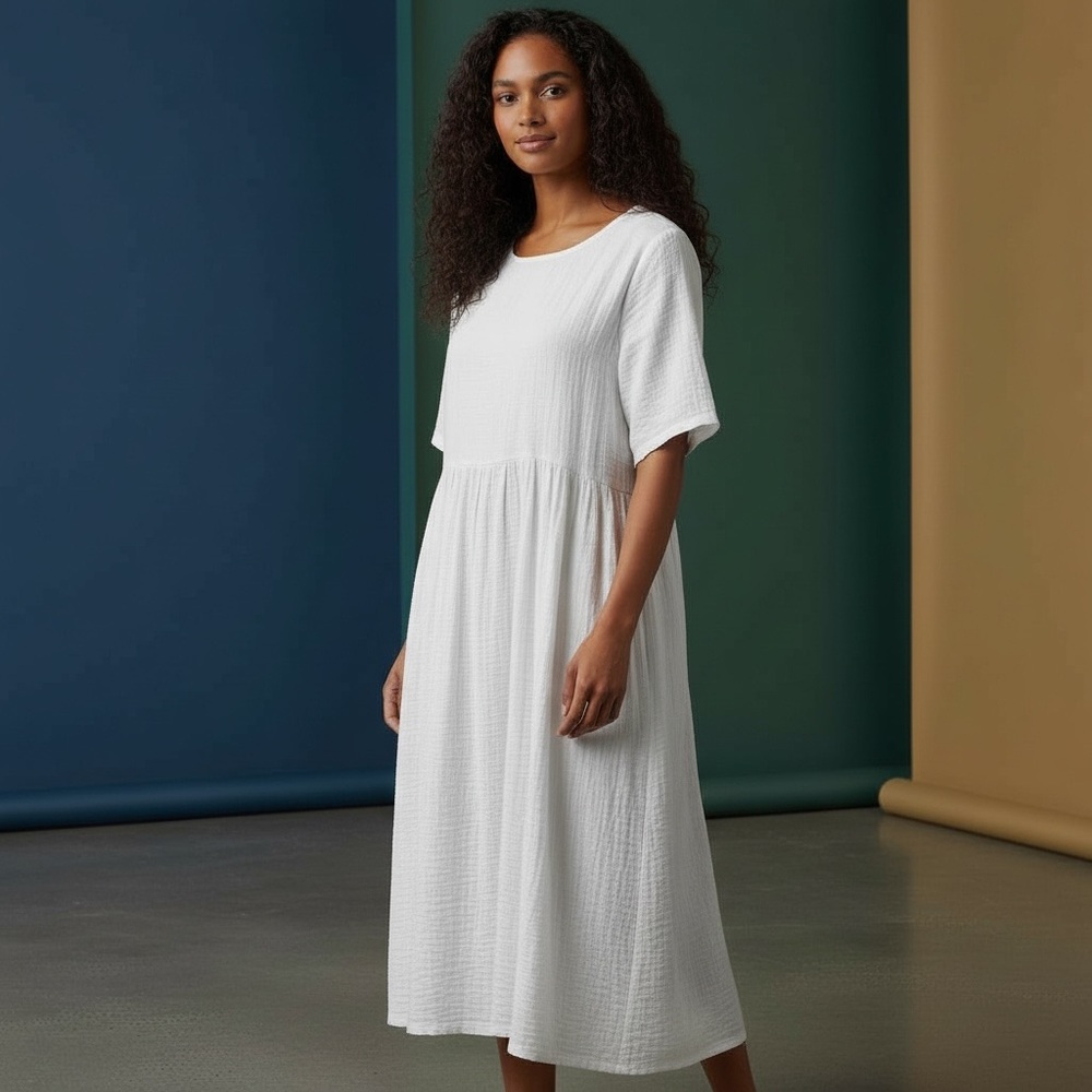 Buykud 100% Cotton Ecru White Lined Midi Dress w/ Pockets – Sz M – Boho Festival
